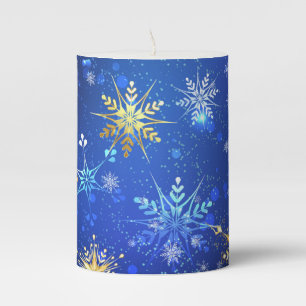 XMAS Blue Background with Golden Snowflakes Pillar Candle