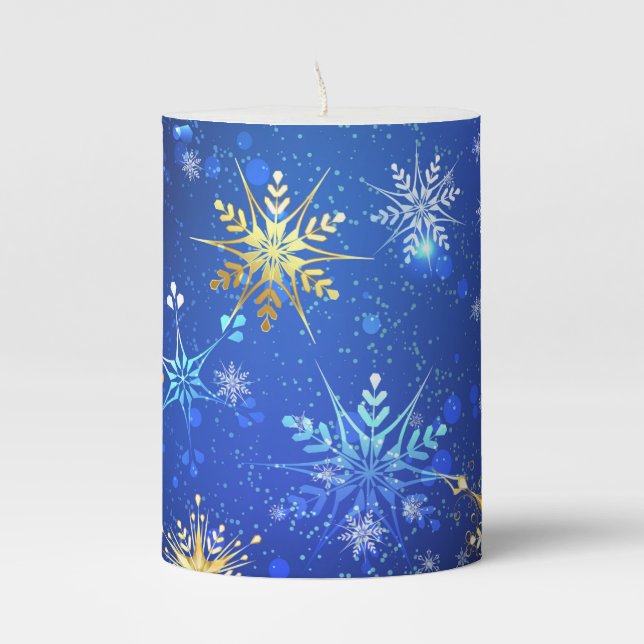 XMAS Blue Background with Golden Snowflakes Pillar Candle (Front)