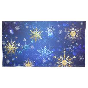 XMAS Blue Background with Golden Snowflakes Pillow Case