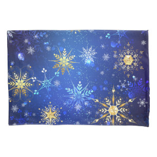 XMAS Blue Background with Golden Snowflakes Pillow Case