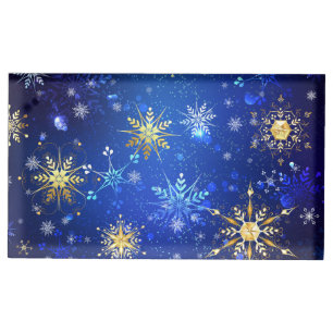 XMAS Blue Background with Golden Snowflakes Place Card Holder