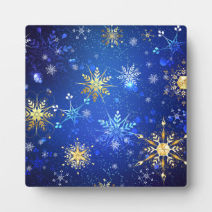 XMAS Blue Background with Golden Snowflakes Plaque