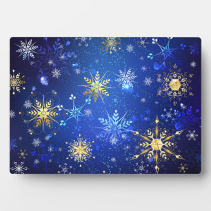 XMAS Blue Background with Golden Snowflakes Plaque
