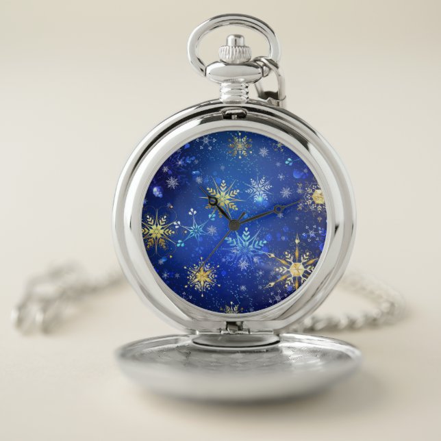 XMAS Blue Background with Golden Snowflakes Pocket Watch (Inside)