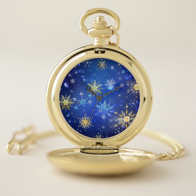 XMAS Blue Background with Golden Snowflakes Pocket Watch (Inside)