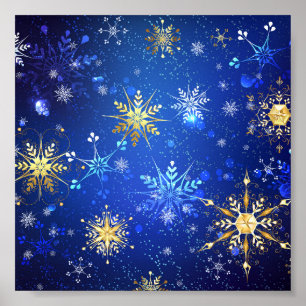 XMAS Blue Background with Golden Snowflakes Poster