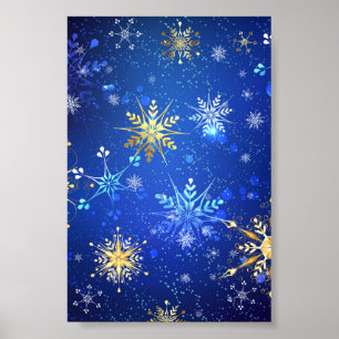 XMAS Blue Background with Golden Snowflakes Poster
