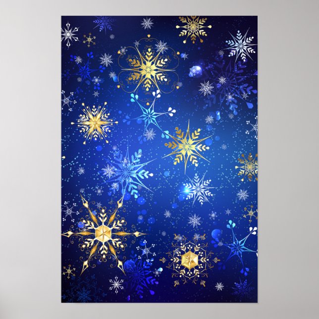 XMAS Blue Background with Golden Snowflakes Poster (Front)