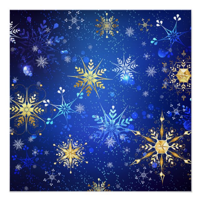 XMAS Blue Background with Golden Snowflakes Poster (Front)