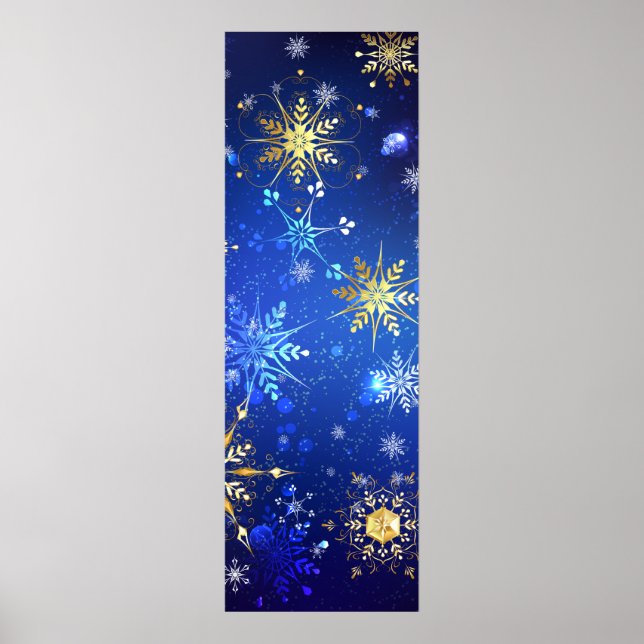 XMAS Blue Background with Golden Snowflakes Poster (Front)