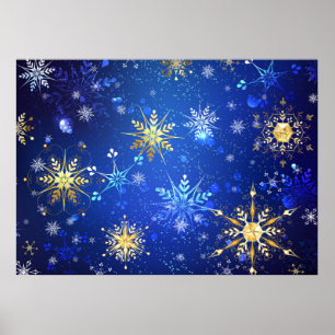 XMAS Blue Background with Golden Snowflakes Poster