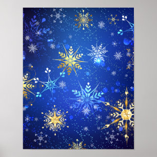 XMAS Blue Background with Golden Snowflakes Poster
