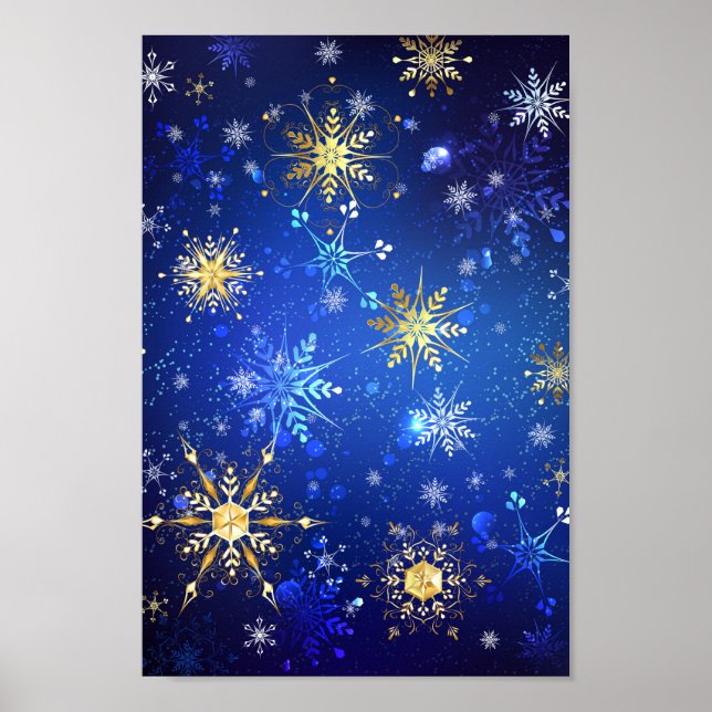 XMAS Blue Background with Golden Snowflakes Poster (Front)