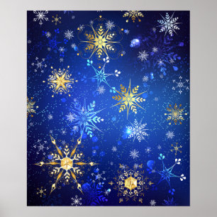 XMAS Blue Background with Golden Snowflakes Poster