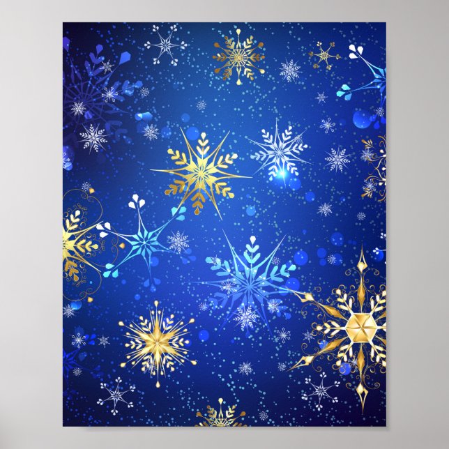 XMAS Blue Background with Golden Snowflakes Poster (Front)