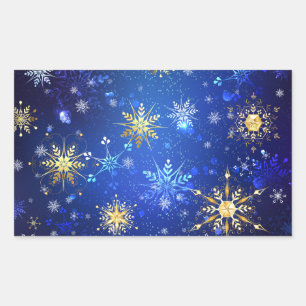 XMAS Blue Background with Golden Snowflakes Rectangular Sticker
