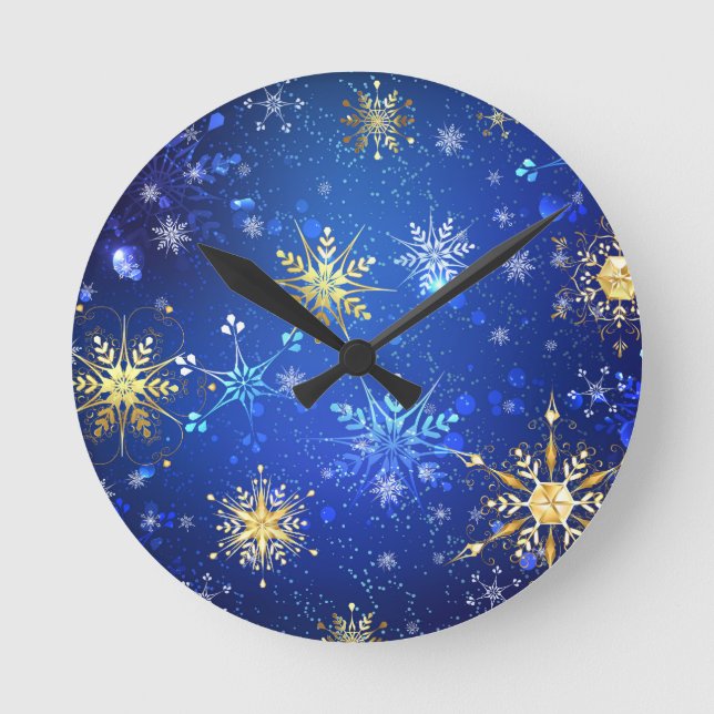 XMAS Blue Background with Golden Snowflakes Round Clock (Front)