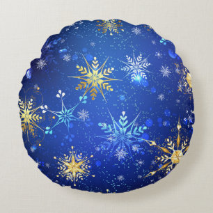 XMAS Blue Background with Golden Snowflakes Round Pillow