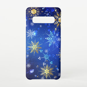 XMAS Blue Background with Golden Snowflakes Samsung Galaxy S10 Case