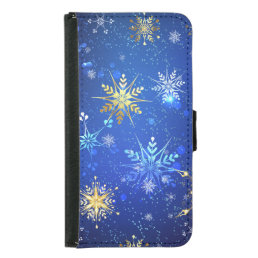 XMAS Blue Background with Golden Snowflakes Samsung Galaxy S5 Wallet Case