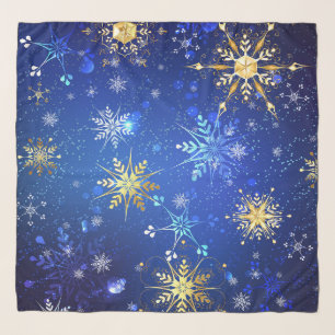 XMAS Blue Background with Golden Snowflakes Scarf