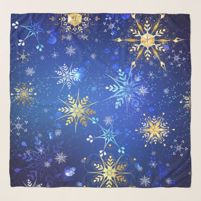 XMAS Blue Background with Golden Snowflakes Scarf (Front)