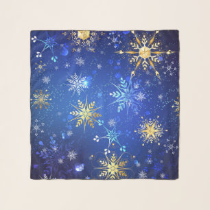 XMAS Blue Background with Golden Snowflakes Scarf