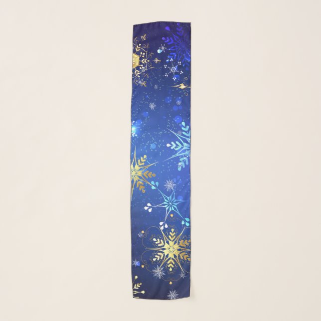 XMAS Blue Background with Golden Snowflakes Scarf (Front)