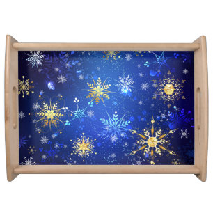 XMAS Blue Background with Golden Snowflakes Serving Tray