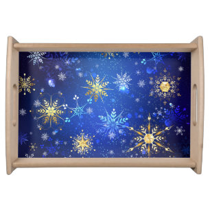 XMAS Blue Background with Golden Snowflakes Serving Tray