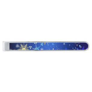 XMAS Blue Background with Golden Snowflakes Silver Finish Tie Bar