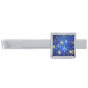 XMAS Blue Background with Golden Snowflakes Silver Finish Tie Bar