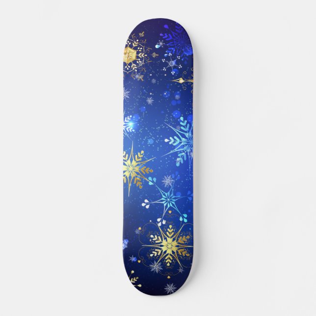 XMAS Blue Background with Golden Snowflakes Skateboard (Front)