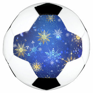 XMAS Blue Background with Golden Snowflakes Soccer Ball