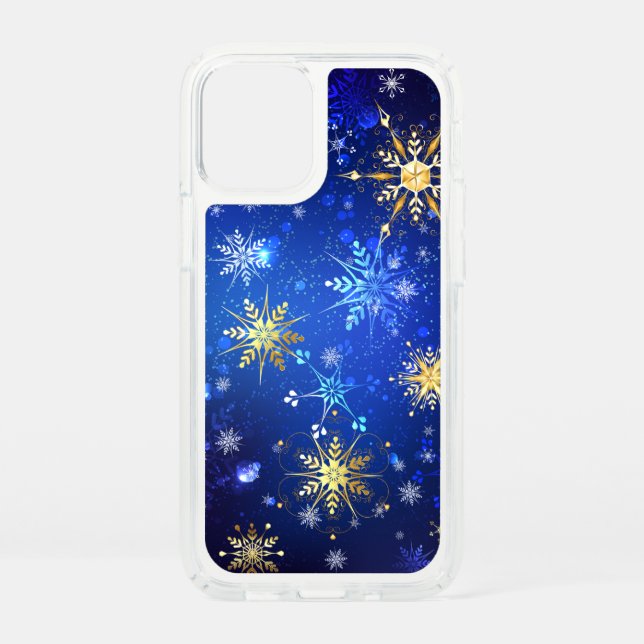 XMAS Blue Background with Golden Snowflakes Speck iPhone 12 Mini Case (Front)