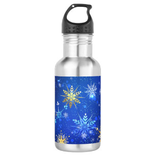 XMAS Blue Background with Golden Snowflakes Stainless Steel Water Bottle