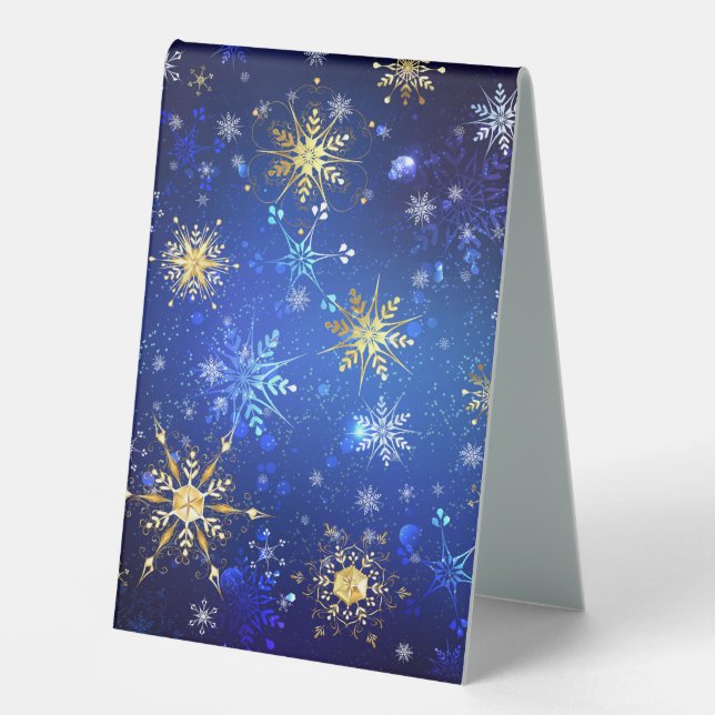 XMAS Blue Background with Golden Snowflakes Table Tent (Front)