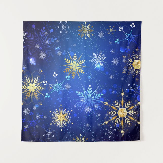 XMAS Blue Background with Golden Snowflakes Tapestry (Front)