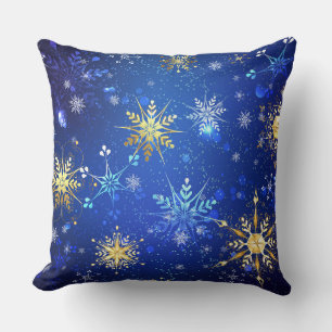 XMAS Blue Background with Golden Snowflakes Throw Pillow