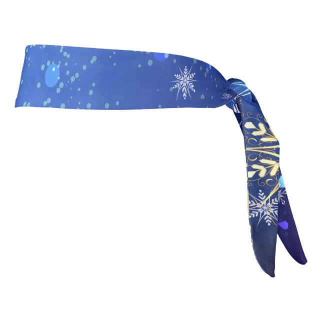 XMAS Blue Background with Golden Snowflakes Tie Headband (Rotate 90)