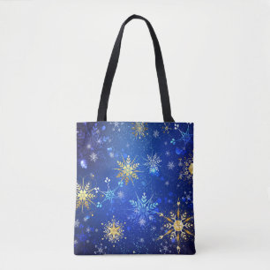 XMAS Blue Background with Golden Snowflakes Tote Bag
