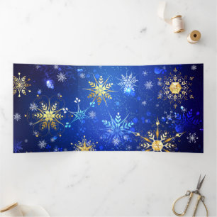 XMAS Blue Background with Golden Snowflakes Tri-Fold Program