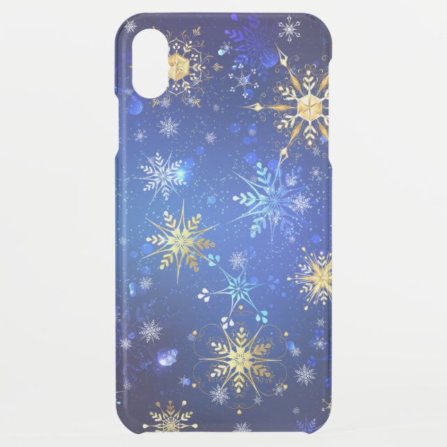 XMAS Blue Background with Golden Snowflakes Uncommon iPhone Case (Back)