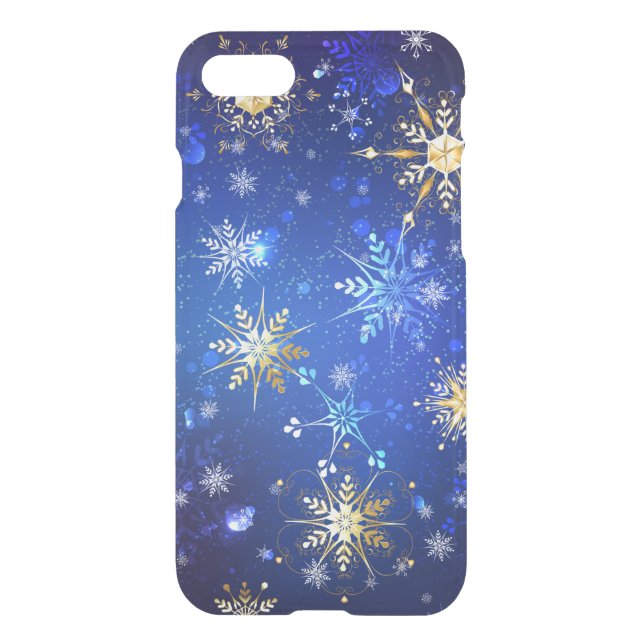XMAS Blue Background with Golden Snowflakes Uncommon iPhone Case (Back)