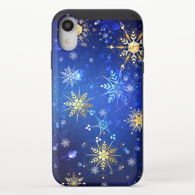 XMAS Blue Background with Golden Snowflakes Uncommon iPhone Case (Back)