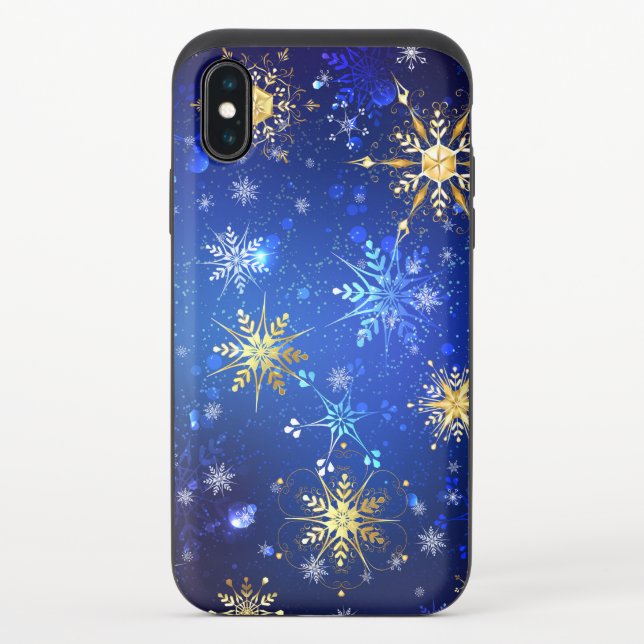XMAS Blue Background with Golden Snowflakes Uncommon iPhone Case (Back)