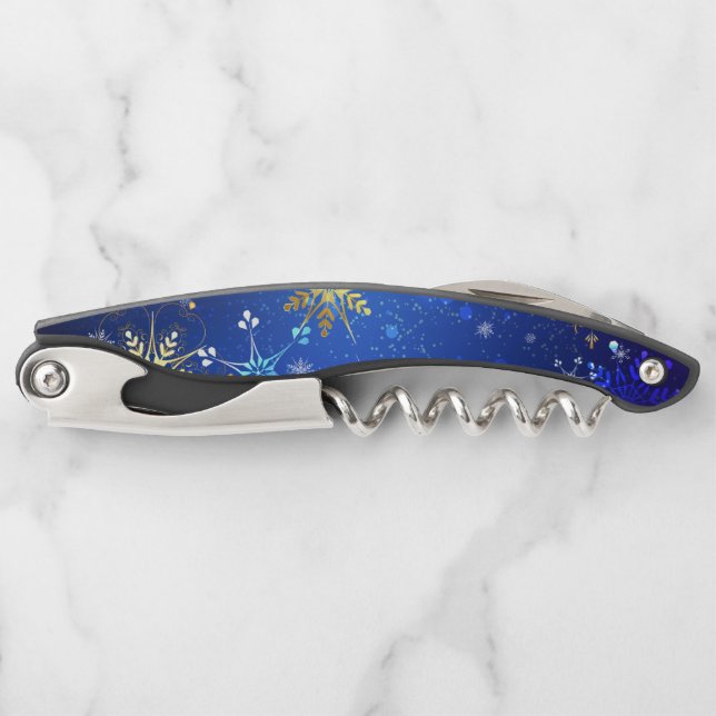 XMAS Blue Background with Golden Snowflakes Waiter's Corkscrew (Front)