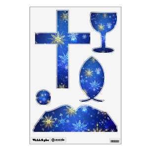 XMAS Blue Background with Golden Snowflakes Wall Decal