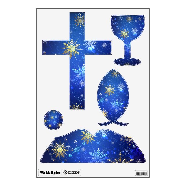 XMAS Blue Background with Golden Snowflakes Wall Decal (Front)