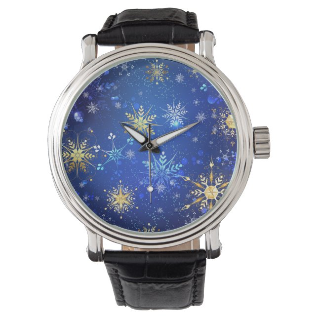 XMAS Blue Background with Golden Snowflakes Watch (Front)